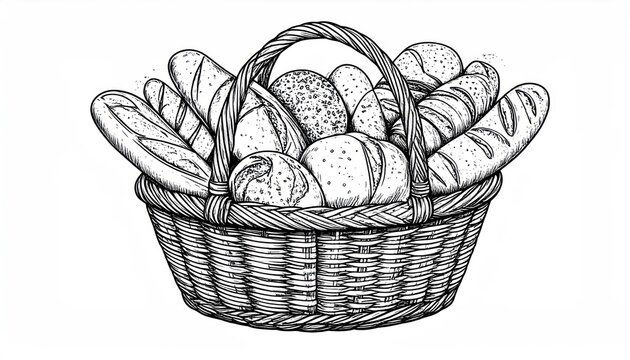 Collection of artisan bread and baguette loaves in basket.