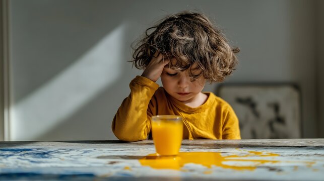 Child with curly hair sitting at a table with spilled juice, expressing disappointment and mistake, candid home life scene