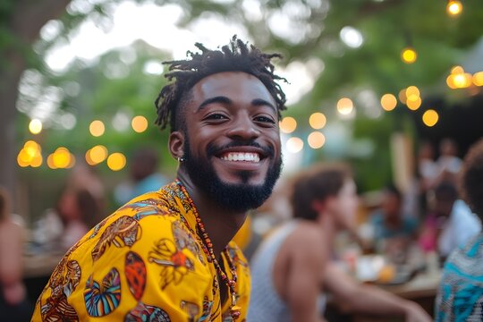 A cheerful man with dreadlocks and a vibrant yellow shirt smiles at the camera. He is outdoors, with bokeh lights and blurred figures in the background.