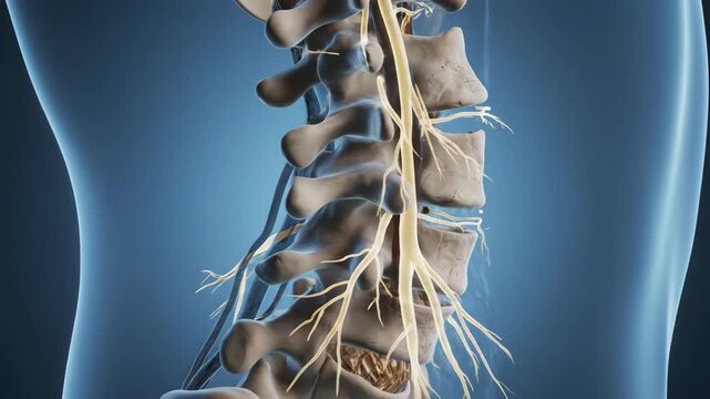 Anatomical illustration of human spine with visible vertebrae and spinal nerves, showcasing detailed structure and connections in a blue background setting
