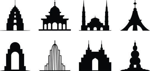 Black silhouette architectural icons featuring pagodas, domes, mosques, arches, and towers © MstAkhi