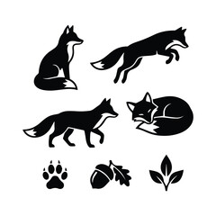 Set of black fox silhouettes isolated on white background © ADURI