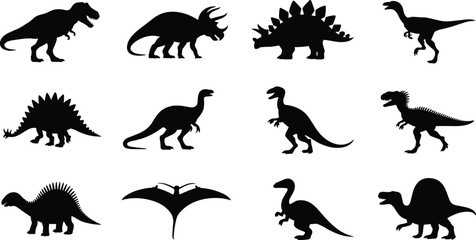 Black silhouette dinosaur icons featuring Tyrannosaurus, Triceratops, Stegosaurus, Pteranodon, and other prehistoric species © MstAkhi