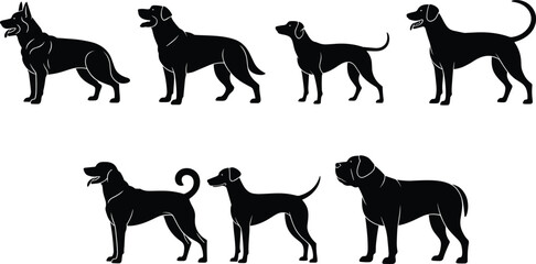 Black silhouette dog icons featuring diverse breeds, upright ears, curled tails, and varied canine body types © MstAkhi