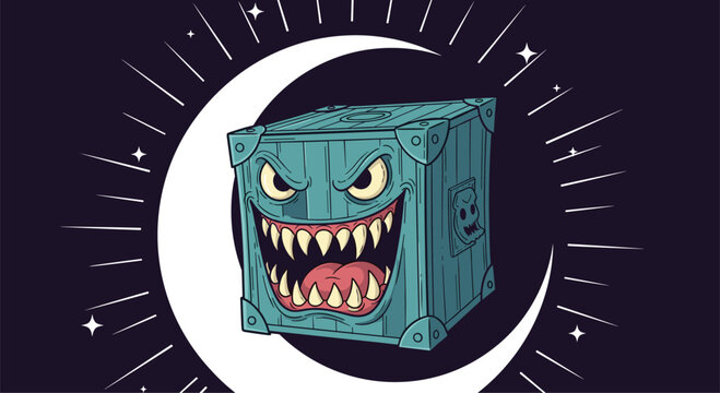 Scary monster crate illustration with sharp teeth against a crescent moon and starry night sky background.