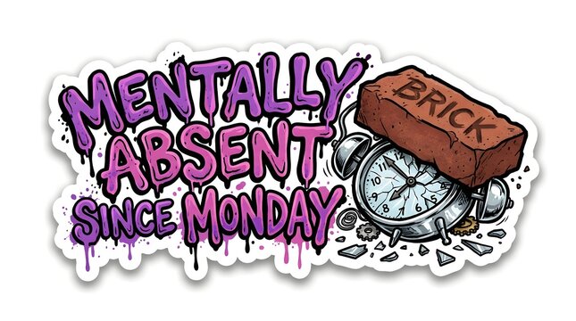 Mentally Absent Monday Sticker: A humorous and relatable graphic depicting a broken alarm clock crushed by a brick, with dripping graffiti-style text proclaiming MENTALLY ABSENT SINCE MONDAY.