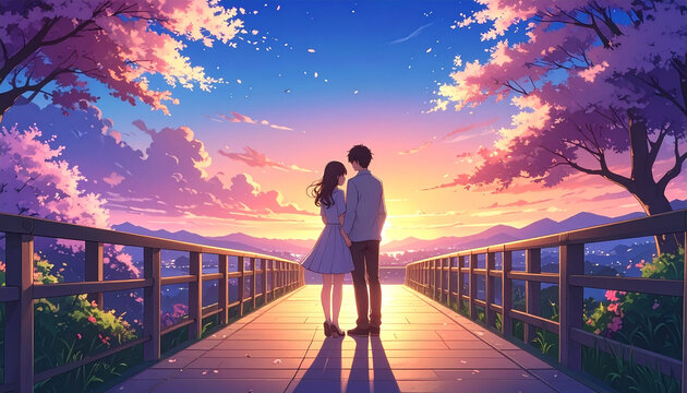 Couple standing bridge landscape sunset