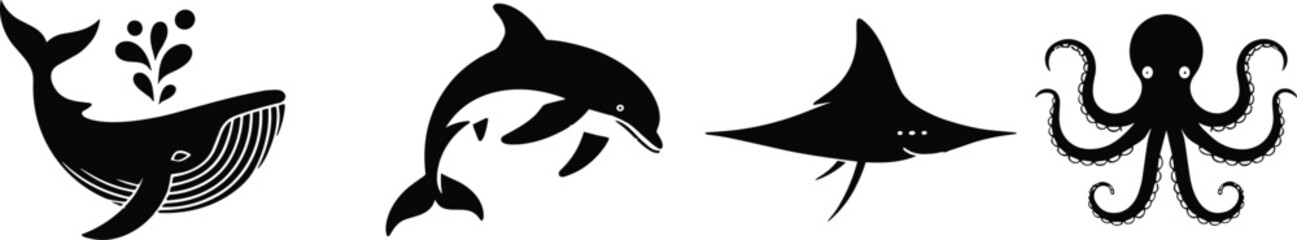 Black silhouette marine animal icons with whale, dolphin, manta ray, and octopus for ocean life design © MstAkhi
