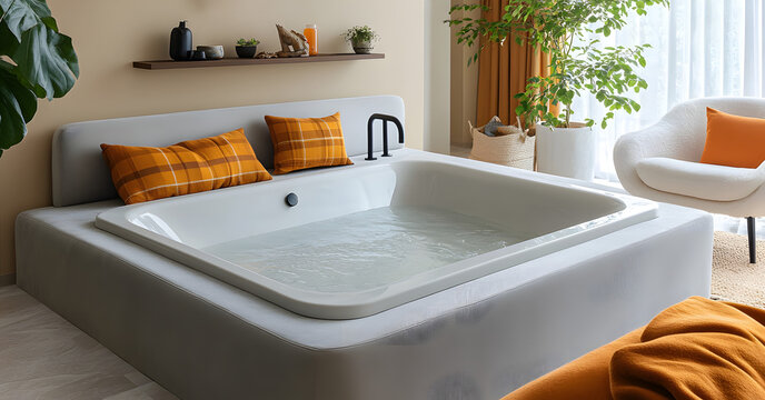 Modern bathroom with a large square bathtub and orange accents in a cozy atmosphere