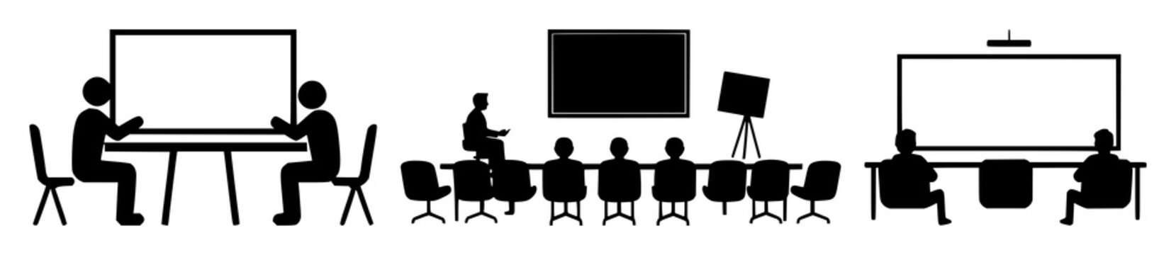 Virtual classroom icon set with a computer monitor, open book, and pencil featuring online learning, e-learning, distance education with digital teaching and remote schooling