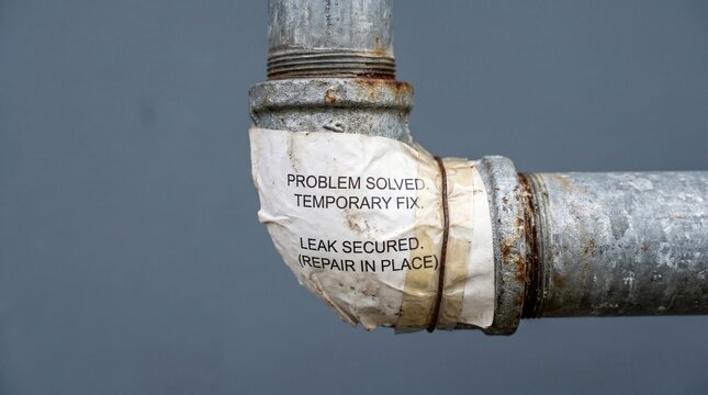 Temporary fix on leaking metal pipe, rusty plumbing joint with problem solved message, industrial water pipe repair with white tape