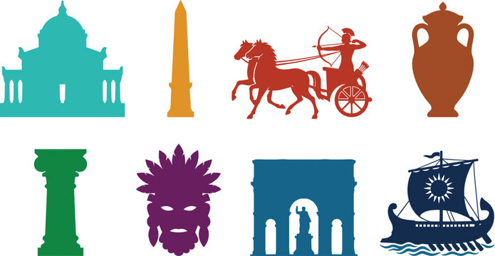 Ancient Civilization Landmark and Artifact Icons Collection in Color Silhouette Style