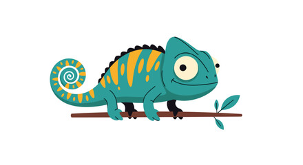 Fototapeta premium Colorful cartoon chameleon with green and orange stripes resting on a thin brown branch with small leaves.