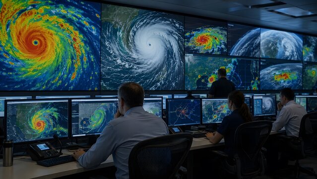 Weather monitoring center tracking multiple hurricanes on screens