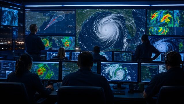 Hurricane command center with storm radar screens and operators