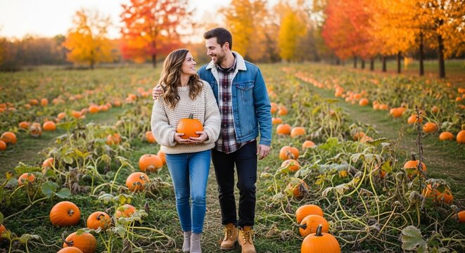 Couple walking pumpkin patch