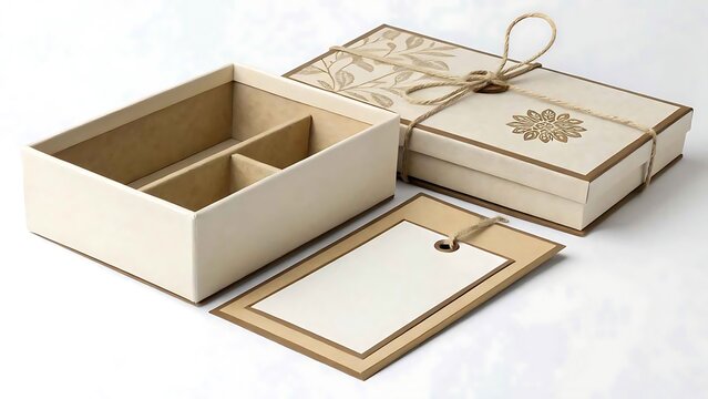 Open Decorative Gift Box with Compartments and Matching Lid and Tag open box organized