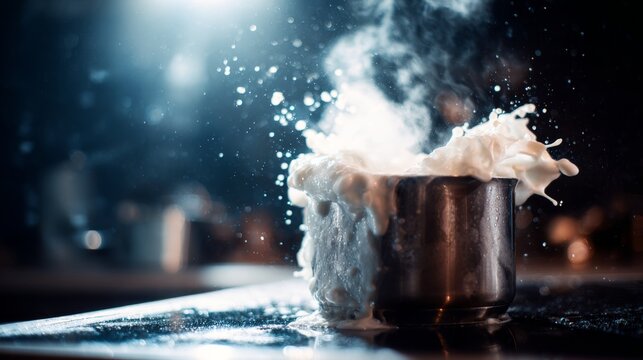 Milk bubbling and spilling over the edges of a pot, creating a chaotic splash of white liquid and steam on the kitchen surface
