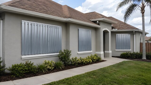 Residential house protected with metal hurricane shutters on windows