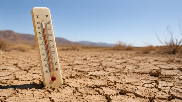 Weather thermometer leaning on dry cracked earth in hot climate