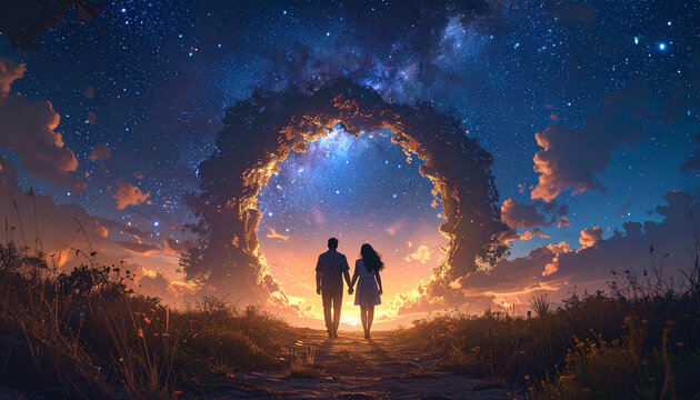 Couple walking toward portal