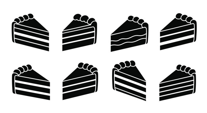 Cake slice silhouettes black and white vector illustration set