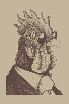 Anthropomorphic chicken wearing suit and sunglasses illustration