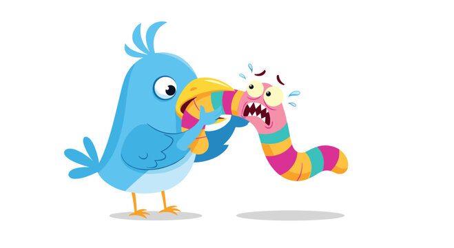 Blue bird character catching a frightened multi-colored striped worm in its beak illustrating nature food chain concepts.