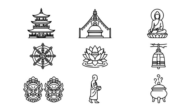 Buddhist temple line art icon vector set with traditional sacred pagoda stupa and dharma wheel symbols collection