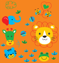 Naklejka premium Happy safari animals with lion tiger elephant and zebra in the wild jungle, colorful vector illustration for kids print