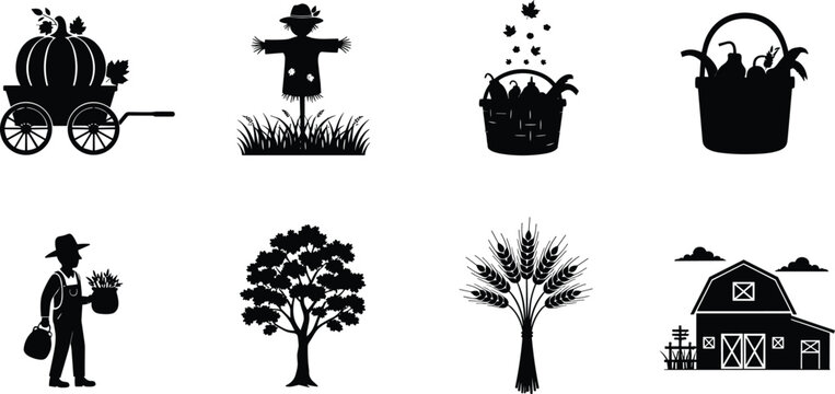 Farm and Harvest Silhouette Collection with Farmer Barn Pumpkins and Autumn Elements