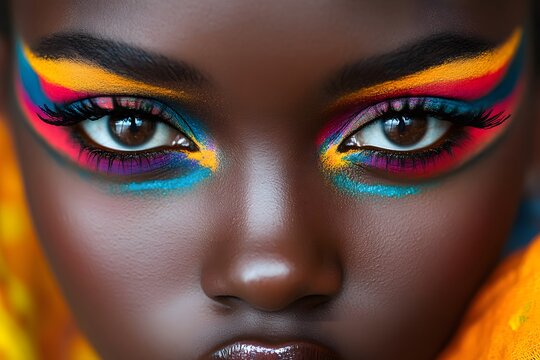 Close-up portrait of a woman with vibrant colorful makeup on her eyes and face.