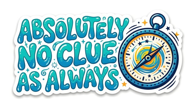 Absolutely No Clue As Always Sticker: A whimsical sticker features the text Absolutely No Clue As Always in playful blue lettering, accompanied by a vintage-style compass.