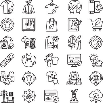 Sustainable Fashion Line Icons Set &ndash; 30 Minimal Black Outline Vector Icons for Eco-Friendly Apparel, Circular Fashion & Ethical Clothing