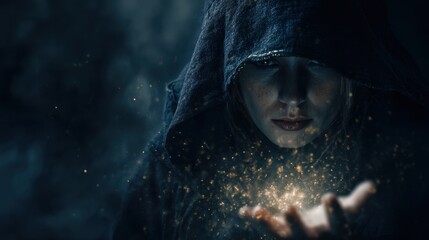 Naklejka premium Mystical Sorceress Casting Spell: A hooded figure, possibly a sorceress, conjures a shimmering, magical dust with their outstretched hand, set against a dark.