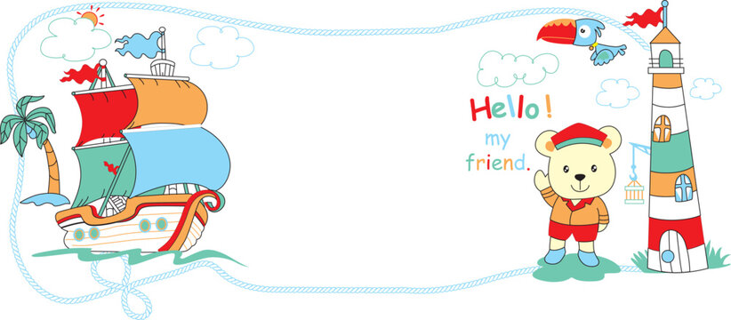 Cute cartoon bear sailing a small boat with a little bird friend, sweet ocean adventure vector for children print.