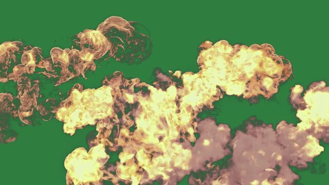 Background and fire on bunch of white clouds flowers it black small hole in the middle smoke coming out isolated on green screen background
