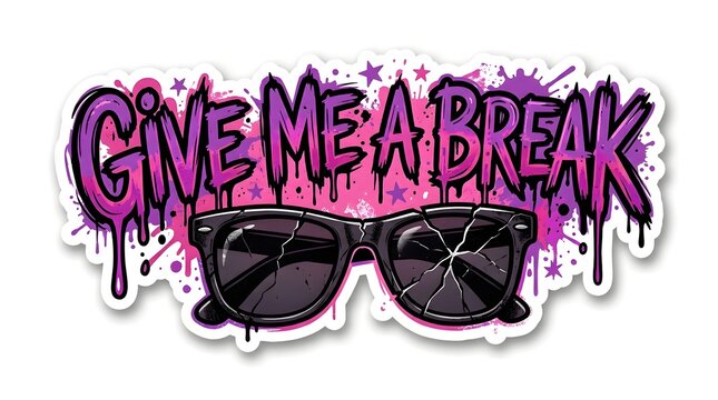 Give Me a Break: Shattered sunglasses rest below a bold, graffiti-style declaration urging a pause, set against a backdrop of vibrant paint splatters and whimsical stars.