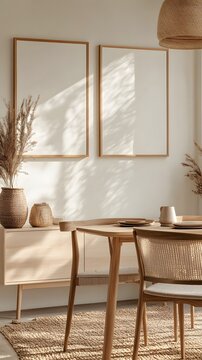 Serene and modern dining room with a minimalist aesthetic and natural textures