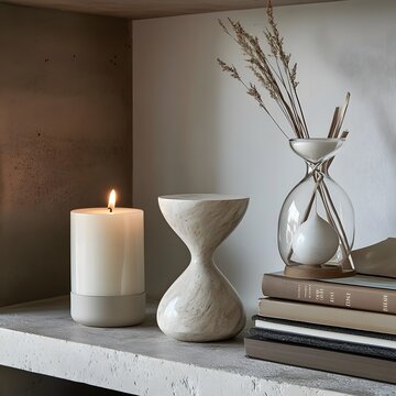 Serene and modern home decor setup with a lit candle, vase, and books on a shelf
