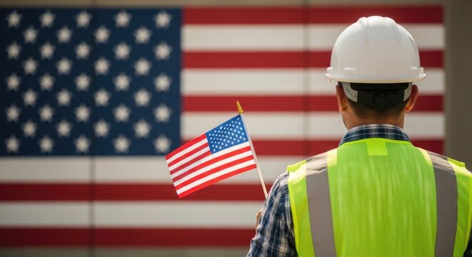 American construction worker with usa flag and hard hat