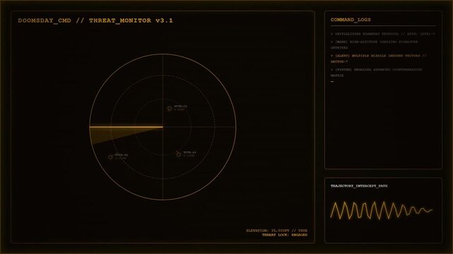 Futuristic orange doomsday threat monitor radar interface hud display.