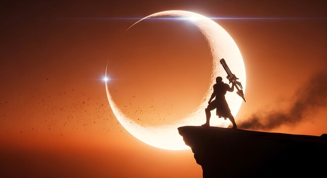 Silhouette of a heroic warrior holding a large futuristic weapon standing on a jagged cliff edge against a giant moon