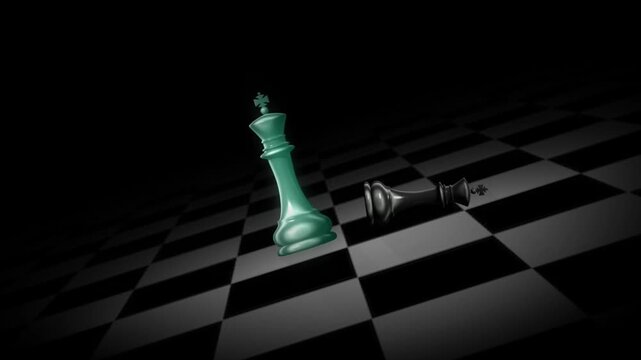 3D chess game checkmate animation with green king defeating black king on chessboard for business strategy metaphor, intelligence, strategy, check, game, king, queen, victory, asset, brain, challenge,