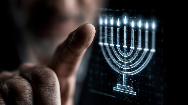 Man's finger touching a digital holographic Hanukkah menorah on a touchscreen interface.