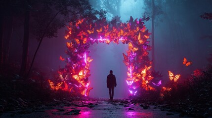 Naklejka premium Man Stepping Through a Glowing Butterfly Portal