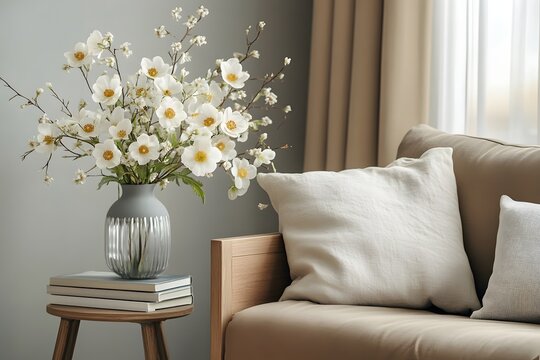 Serene living room with a vase of white flowers on a small wooden table beside a beige couch