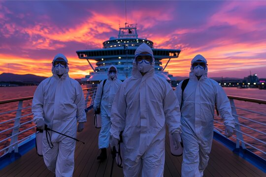 Workers in protective suits with ship hantavirus biohazard decontamination response concept