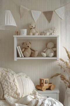Cozy nursery with a white shelf filled with teddy bears and toys above a bed