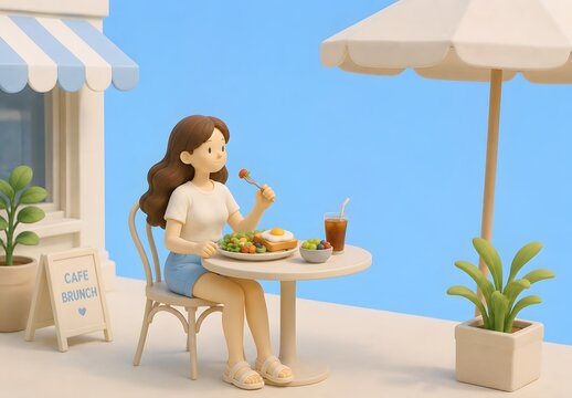 야외 카페에서 브런치를 즐기는 여름 라이프스타일 3D 렌더링
 Generating AI